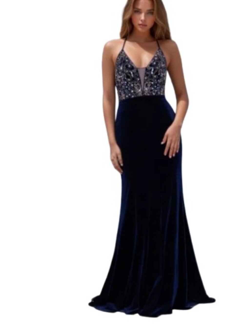 Betsy and Adam Womens Halter V Neck Ball Gown Navy Blue Velvet Beaded 6